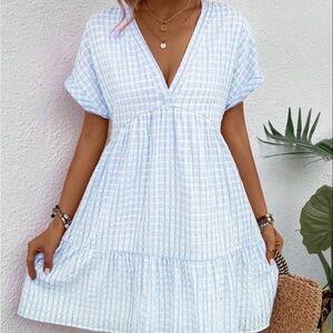 SHEIN Sky Blue Checkered V-Neck Mini Dress